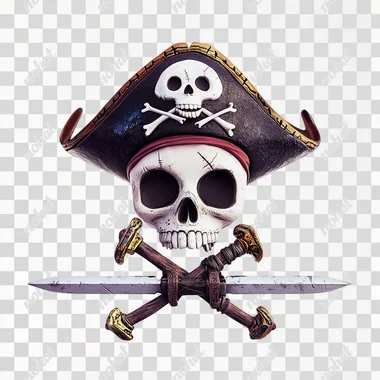 skull with a pirate hat, two sabers crossed under it, cartoon style, white background  --s 50