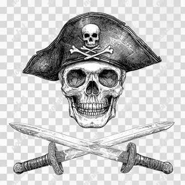 skull with a pirate hat, two sabers crossed under it, cartoon style, white background  --s 50