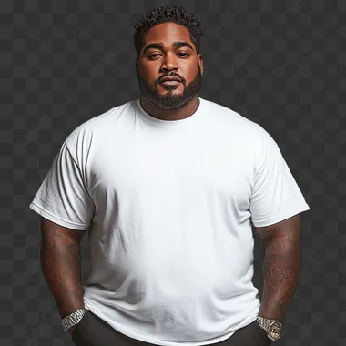 In an e-commerce shoot of a plus-size model, an African-American man wearing a white T-shirt and black pants confidently faces the camera, with a clean light gray shirt in the background.  --s 350