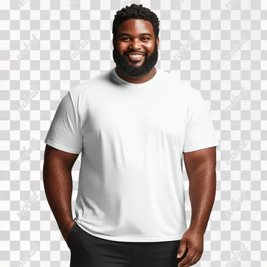 In an e-commerce shoot of a plus-size model, an African-American man wearing a white T-shirt and black pants confidently faces the camera, with a clean light gray shirt in the background.  --s 350