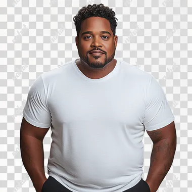 In an e-commerce shoot of a plus-size model, an African-American man wearing a white T-shirt and black pants confidently faces the camera, with a clean light gray shirt in the background.  --s 350