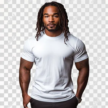 In an e-commerce shoot of a plus-size model, an African-American man wearing a white T-shirt and black pants confidently faces the camera, with a clean light gray shirt in the background.  --s 350
