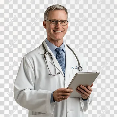 photo of doctor with an ipad not looking straight ahead smiling studio photo white background professional lighting