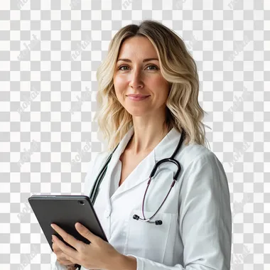 photo of doctor with an ipad not looking straight ahead smiling studio photo white background professional lighting