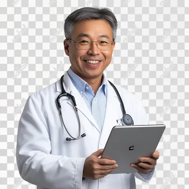 photo of doctor with an ipad not looking straight ahead smiling studio photo white background professional lighting