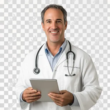 photo of doctor with an ipad not looking straight ahead smiling studio photo white background professional lighting