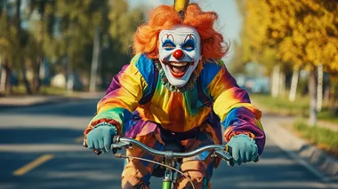 Funny Clown is riding a Bike laughing,