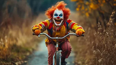 Funny Clown is riding a Bike laughing,