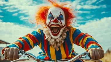 Funny Clown is riding a Bike laughing,