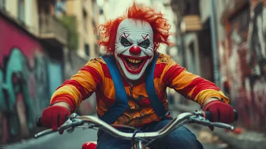 Funny Clown is riding a Bike laughing,