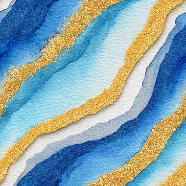 a refined and abstract watercolor of flowing silver, cobalt blue, and gold brushstrokes, symbolizing precision, clarity, and luxury, with soft edges elegantly fading into a clean ivory field, keeping a balanced flow and harmony, soft watercolor textures blending with shimmering golden accents, rofile whv7267   --s 250