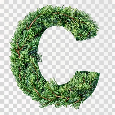 The letter C decorated with needles. The tree has a beautiful green color coniferous branches.