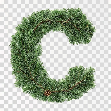 The letter C decorated with needles. The tree has a beautiful green color coniferous branches.