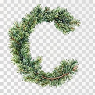 The letter C decorated with needles. The tree has a beautiful green color coniferous branches.