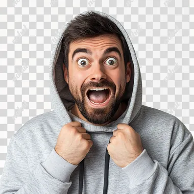 surprised man in a hoodie, joyful man, chest-high photo, 4k photo, white background