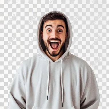 surprised man in a hoodie, joyful man, chest-high photo, 4k photo, white background