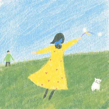 On a spring afternoon, a six-year-old girl in a yellow floral dress flies a kite on tiptoe on a green hillside outside the city. With her shoulder-length hair pinned to a blue bow, her right hand stretched out to hold a rainbow spool, a light purple butterfly kite flying low, silver tail feathers fluttering in the wind. Strawberry birthmarks on tiptoe, a skirt blown up by the wind to reveal a star-lined pattern. The thread on the spool falls, a corgi chases a dandelion in the bottom right, and an old man walks his dog in the shadow of a tree on the left. In the distance, a cluster of white windmills could be seen faintly, sparrows passed over the girl's head, sunlight shone through the clouds on the kite, and the grass slopes glowed softly.  1567159629 --sw 1000 --s 50