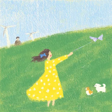 On a spring afternoon, a six-year-old girl in a yellow floral dress flies a kite on tiptoe on a green hillside outside the city. With her shoulder-length hair pinned to a blue bow, her right hand stretched out to hold a rainbow spool, a light purple butterfly kite flying low, silver tail feathers fluttering in the wind. Strawberry birthmarks on tiptoe, a skirt blown up by the wind to reveal a star-lined pattern. The thread on the spool falls, a corgi chases a dandelion in the bottom right, and an old man walks his dog in the shadow of a tree on the left. In the distance, a cluster of white windmills could be seen faintly, sparrows passed over the girl's head, sunlight shone through the clouds on the kite, and the grass slopes glowed softly.  1567159629 --sw 1000 --s 50