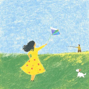 On a spring afternoon, a six-year-old girl in a yellow floral dress flies a kite on tiptoe on a green hillside outside the city. With her shoulder-length hair pinned to a blue bow, her right hand stretched out to hold a rainbow spool, a light purple butterfly kite flying low, silver tail feathers fluttering in the wind. Strawberry birthmarks on tiptoe, a skirt blown up by the wind to reveal a star-lined pattern. The thread on the spool falls, a corgi chases a dandelion in the bottom right, and an old man walks his dog in the shadow of a tree on the left. In the distance, a cluster of white windmills could be seen faintly, sparrows passed over the girl's head, sunlight shone through the clouds on the kite, and the grass slopes glowed softly.  1567159629 --sw 1000 --s 50