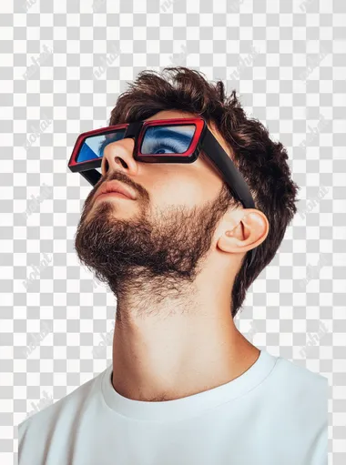 Handsome guy looking up with 3D glasses. White background.. Photorealistic style, cinematic lighting, Canon 17-55mm, f6-s 250