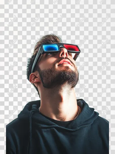 Handsome guy looking up with 3D glasses. White background.. Photorealistic style, cinematic lighting, Canon 17-55mm, f6-s 250
