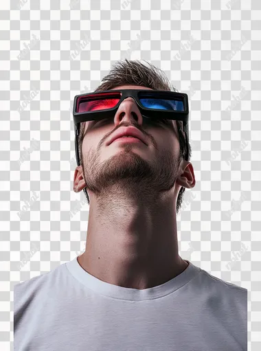 Handsome guy looking up with 3D glasses. White background.. Photorealistic style, cinematic lighting, Canon 17-55mm, f6-s 250