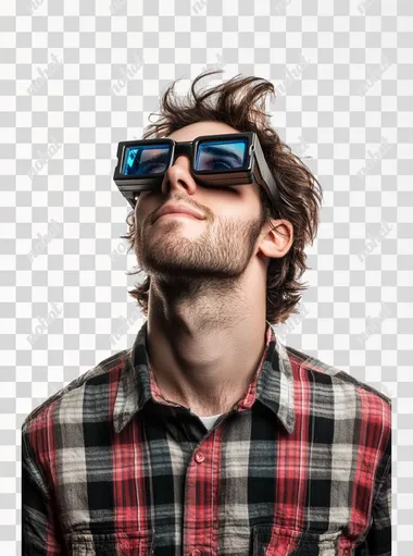 Handsome guy looking up with 3D glasses. White background.. Photorealistic style, cinematic lighting, Canon 17-55mm, f6-s 250