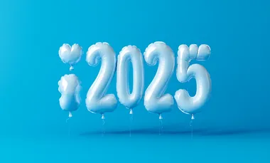 3D lettering of the word "2025", in transparent inflatable balloons, almost white color, on a blue background, without back balloons, in a minimalistic, playful, and fun design. The elements are colorful, with simple shapes, creating a cute and playful aesthetic.
