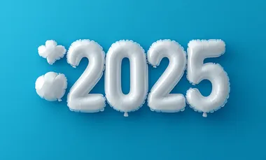 3D lettering of the word "2025", in transparent inflatable balloons, almost white color, on a blue background, without back balloons, in a minimalistic, playful, and fun design. The elements are colorful, with simple shapes, creating a cute and playful aesthetic.