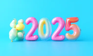 3D lettering of the word "2025", in transparent inflatable balloons, almost white color, on a blue background, without back balloons, in a minimalistic, playful, and fun design. The elements are colorful, with simple shapes, creating a cute and playful aesthetic.