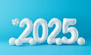 3D lettering of the word "2025", in transparent inflatable balloons, almost white color, on a blue background, without back balloons, in a minimalistic, playful, and fun design. The elements are colorful, with simple shapes, creating a cute and playful aesthetic.
