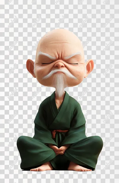 3DCG style anime-style illustration. A bald, white-haired, droopy eyebrowed hermit grandpa is sitting upright with his eyes closed. The grandpa is wearing an emerald green kung fu outfit. The grandpa is a cute, deformed character with a big head and a 5-head body proportions.