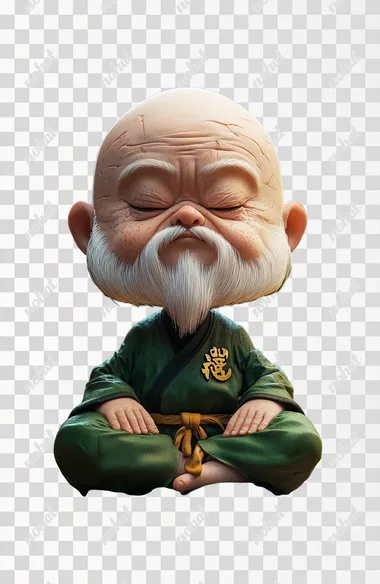 3DCG style anime-style illustration. A bald, white-haired, droopy eyebrowed hermit grandpa is sitting upright with his eyes closed. The grandpa is wearing an emerald green kung fu outfit. The grandpa is a cute, deformed character with a big head and a 5-head body proportions.