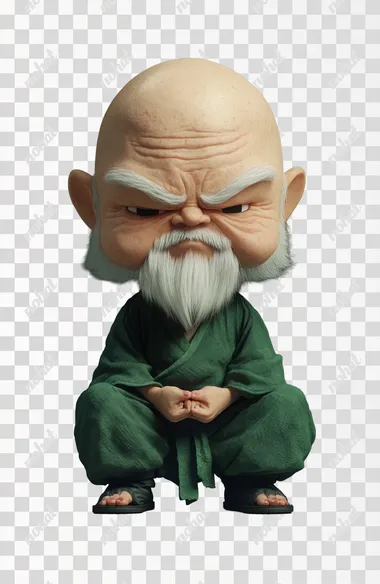 3DCG style anime-style illustration. A bald, white-haired, droopy eyebrowed hermit grandpa is sitting upright with his eyes closed. The grandpa is wearing an emerald green kung fu outfit. The grandpa is a cute, deformed character with a big head and a 5-head body proportions.