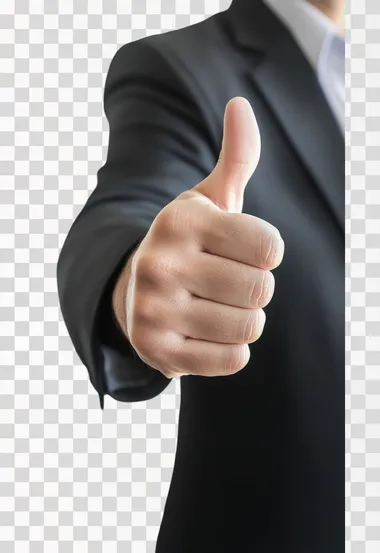 a very smart man in a suit standing face on to the camera , giving a thumbs up plain white background