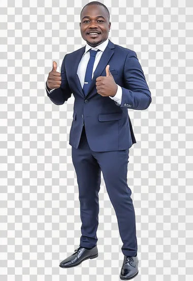 a very smart man in a suit standing face on to the camera , giving a thumbs up plain white background