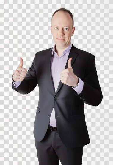 a very smart man in a suit standing face on to the camera , giving a thumbs up plain white background