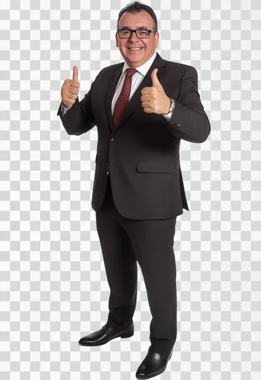 a very smart man in a suit standing face on to the camera , giving a thumbs up plain white background