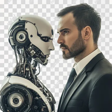 an intense, stoic, focused futuristic image of man wearing suit with humanoid robot ai looking at the camera, they should be standing with authority white background