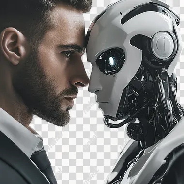 an intense, stoic, focused futuristic image of man wearing suit with humanoid robot ai looking at the camera, they should be standing with authority white background