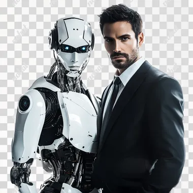 an intense, stoic, focused futuristic image of man wearing suit with humanoid robot ai looking at the camera, they should be standing with authority white background