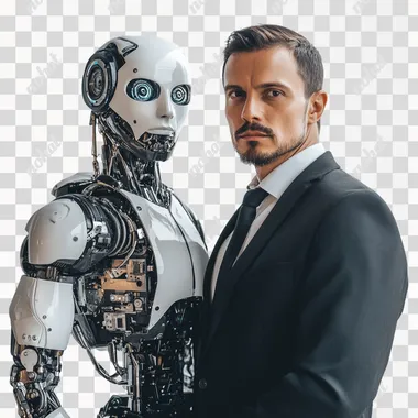 an intense, stoic, focused futuristic image of man wearing suit with humanoid robot ai looking at the camera, they should be standing with authority white background