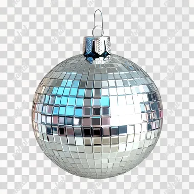 A silver disco ball christmas ornament with a flat white background, photorealistic, blue #4467F6 tones, ultra vivid, artistic