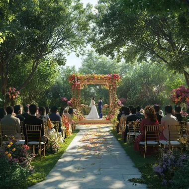 Create a realistic and serene garden wedding scene similar to the provided image. The setting features an elegant outdoor space with a path leading to an altar decorated with flowers. Surrounding the path are chairs, with guests dressed in formal attire, seated and engaged in cheerful conversation. The atmosphere should be warm and welcoming, with sunlight filtering through the trees, creating a harmonious and joyful ambiance. Ensure the background includes lush greenery and a decorative structure similar to the one in the image.
