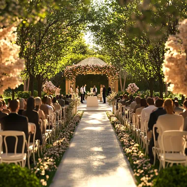 Create a realistic and serene garden wedding scene similar to the provided image. The setting features an elegant outdoor space with a path leading to an altar decorated with flowers. Surrounding the path are chairs, with guests dressed in formal attire, seated and engaged in cheerful conversation. The atmosphere should be warm and welcoming, with sunlight filtering through the trees, creating a harmonious and joyful ambiance. Ensure the background includes lush greenery and a decorative structure similar to the one in the image.