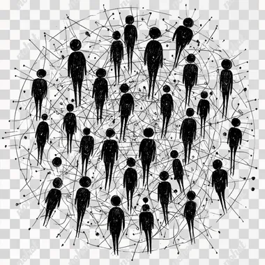 High definition, a simple vector icon of people connected in an intricate network, each person represented by a circular silhouette with visible lines connecting them to other figures within the circle. The icons have bold outlines and appear hand-drawn or drawn using thick black ink on white background. There is no shading or gradients inside the silhouettes. Each figure has two distinct eyes, nose, mouth, ears, arms and legs, with one arm raised as if waving at another character across from him. They all wear casual attire, like t-shirts or hoodies. In total there should be seven icons in the design.