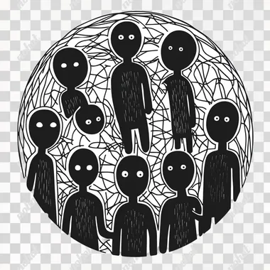 High definition, a simple vector icon of people connected in an intricate network, each person represented by a circular silhouette with visible lines connecting them to other figures within the circle. The icons have bold outlines and appear hand-drawn or drawn using thick black ink on white background. There is no shading or gradients inside the silhouettes. Each figure has two distinct eyes, nose, mouth, ears, arms and legs, with one arm raised as if waving at another character across from him. They all wear casual attire, like t-shirts or hoodies. In total there should be seven icons in the design.
