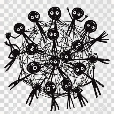 High definition, a simple vector icon of people connected in an intricate network, each person represented by a circular silhouette with visible lines connecting them to other figures within the circle. The icons have bold outlines and appear hand-drawn or drawn using thick black ink on white background. There is no shading or gradients inside the silhouettes. Each figure has two distinct eyes, nose, mouth, ears, arms and legs, with one arm raised as if waving at another character across from him. They all wear casual attire, like t-shirts or hoodies. In total there should be seven icons in the design.