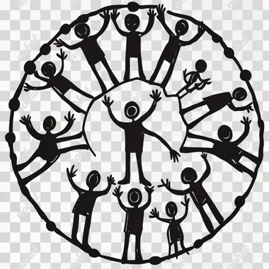 High definition, a simple vector icon of people connected in an intricate network, each person represented by a circular silhouette with visible lines connecting them to other figures within the circle. The icons have bold outlines and appear hand-drawn or drawn using thick black ink on white background. There is no shading or gradients inside the silhouettes. Each figure has two distinct eyes, nose, mouth, ears, arms and legs, with one arm raised as if waving at another character across from him. They all wear casual attire, like t-shirts or hoodies. In total there should be seven icons in the design.