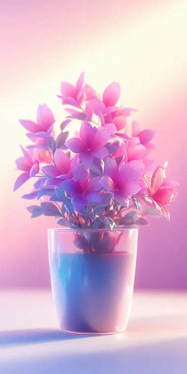 A shape of flower in pot made of matte plastic covered with gradient digital nontransparent cover, isolated on light flat background. Made of plastic and glass, 3d render, 3d illustration, dribbble, studio lightning with contrast shadows, beautiful and juicy